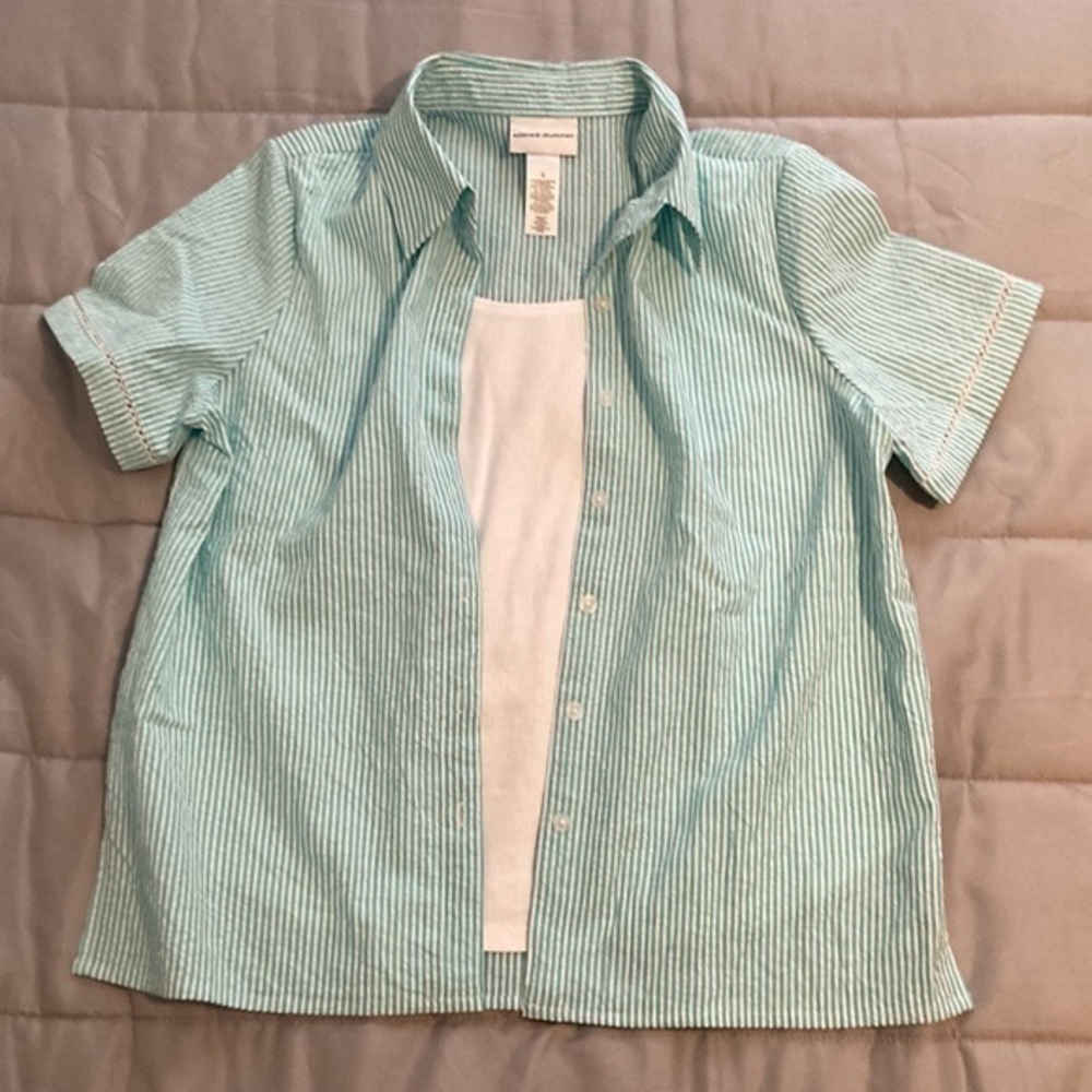 Alfred Dunner shirt Button Up Short Sleeve tank top seersucker Blouse small VTG